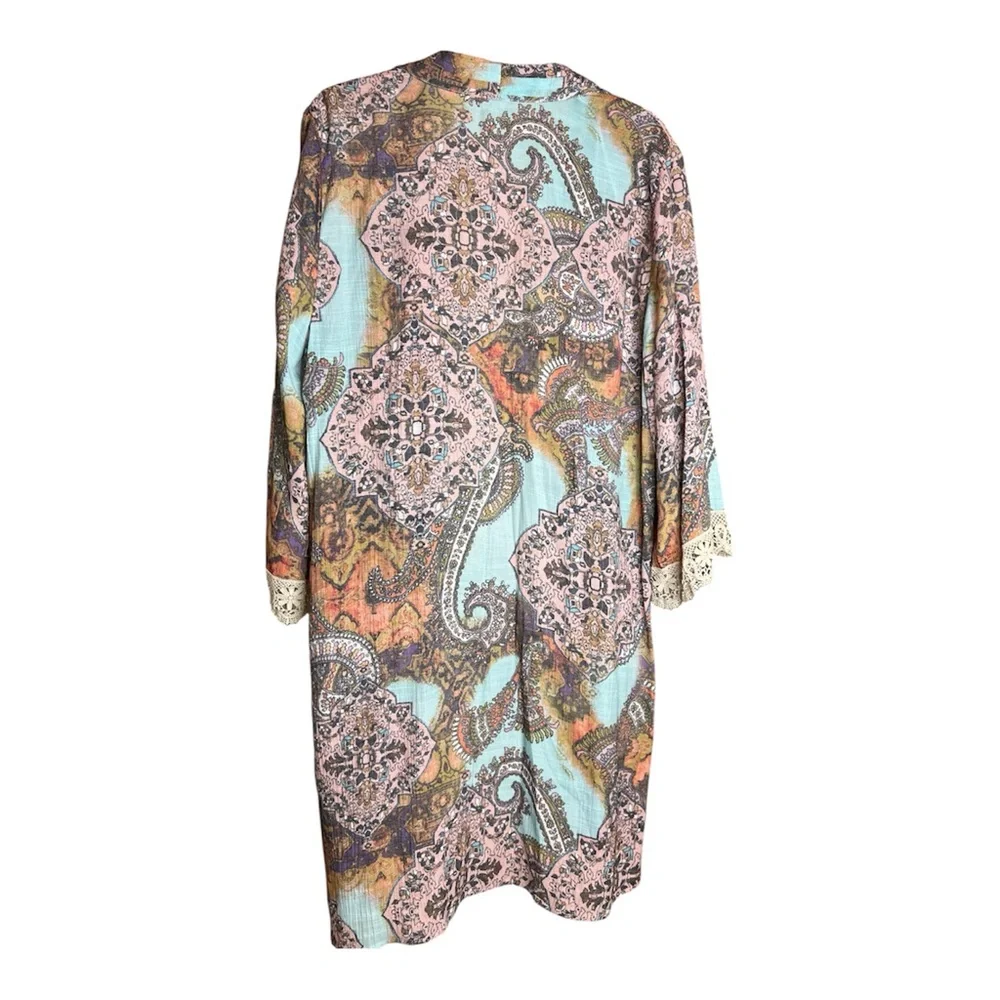 Spense Women’s Paisley Multicolor Boho Lace Trimmed Sleeves Accents Kimono SZ XL - Picture 9 of 11